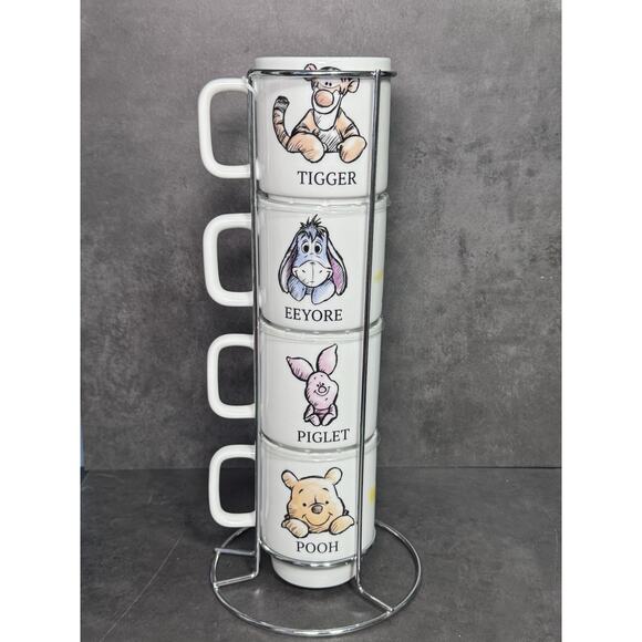 Set Of 4 Disney Winnie The Pooh Stacking Coffee Mugs With Metal Rack - Picture 1 of 7